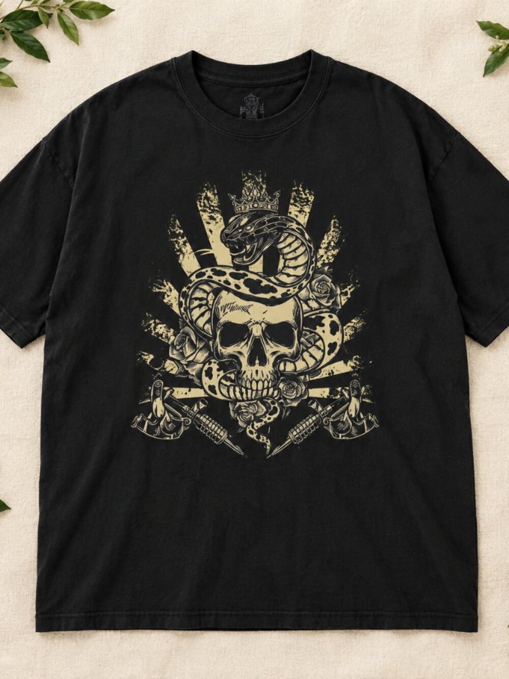 Oversized Skull Snake Tattoo Graphic Tee Womens Baggy Style T-Shirt Gothic